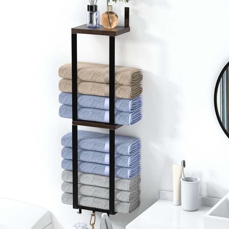 Photo 1 of Bathroom Towel Storage Rack, Towel Racks for Bathroom Wall Mounted with Wooden Shelves and 3 Hooks, Towel Storage for Small Bathroom, Wall Towel Rack for Rolled Towels, Black
