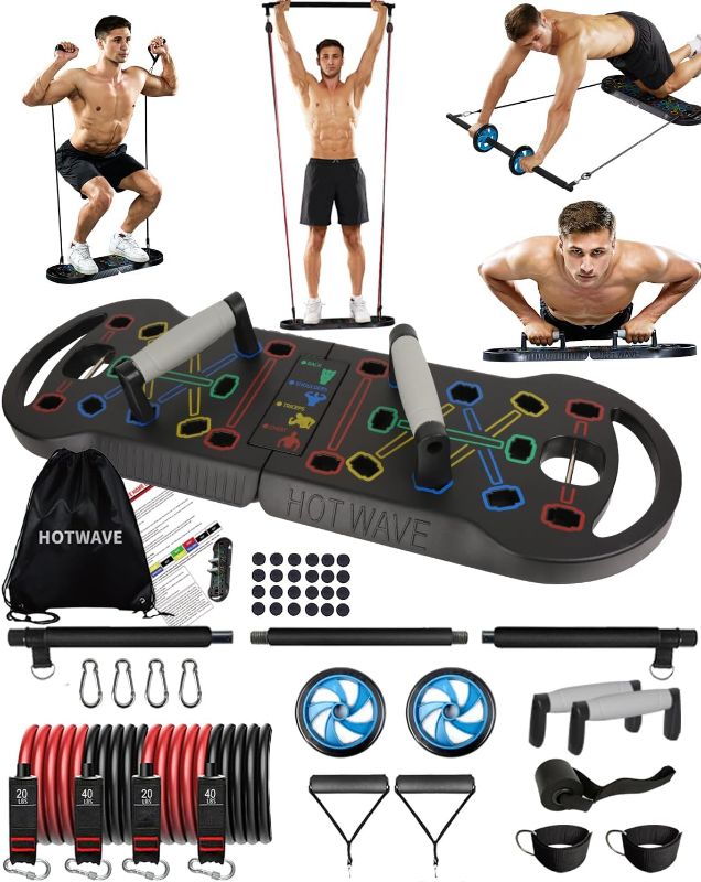 Photo 1 of HOTWAVE Portable Exercise Equipment with 16 Gym Accessories.20 in 1 Push Up Board Fitness,Resistance Bands with Ab Roller Wheel,Home Workout for Men
