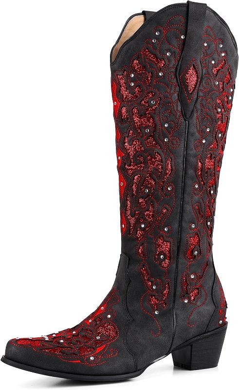 Photo 1 of Size 9 - SaraIris Cowboy Boots for Women Cowgirl Boots Western Boots Chunky Heel Pointed Toe Pull On Rhinestones Embroidered Knee High Boots Mid Calf Boots- size 8
