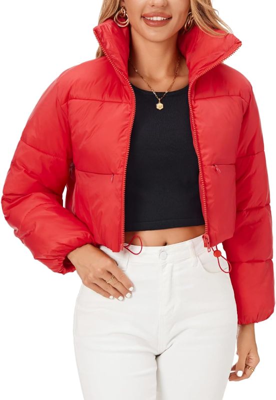 Photo 1 of (M) Fuinloth Women's Puffer Jacket, High Stand Collar Zip Pocket Crop Long Sleeve Coat- medium
