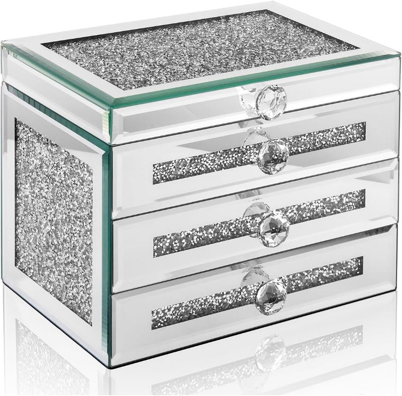Photo 1 of CITYLOVE Jewelry Boxes for Women Modern Glass Jewelry Box Organizer 3-Layer 2 Drawers,Lots of Storage Space,Best Birthday Gifts for Women/Silver
