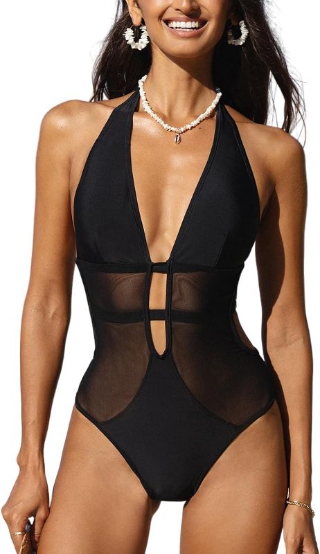 Photo 1 of (M) CUPSHE Women's One Piece Swimsuit Bathing Suit Deep V Neck Halter Back Tie Mesh Swimwear- medium
