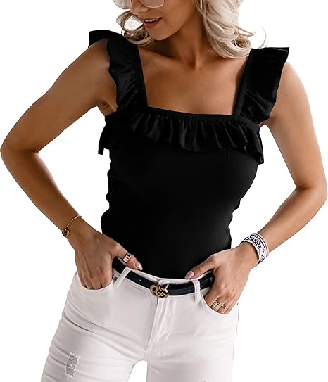 Photo 1 of (XL) Womens Sleeveless Tank Tops Ruffle Strap Square Neck Blouse Solid Color Knitted Camisole-XL