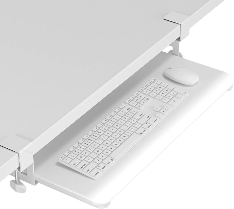 Photo 1 of BONTEC Keyboard Tray Under Desk, Pull Out Keyboard & Mouse Tray with C-clamp, 25.6 Excluding Clamps (30 Including Clamps) x 11.8 Inch Steady Slide-Out Computer Drawer for Typing, White
