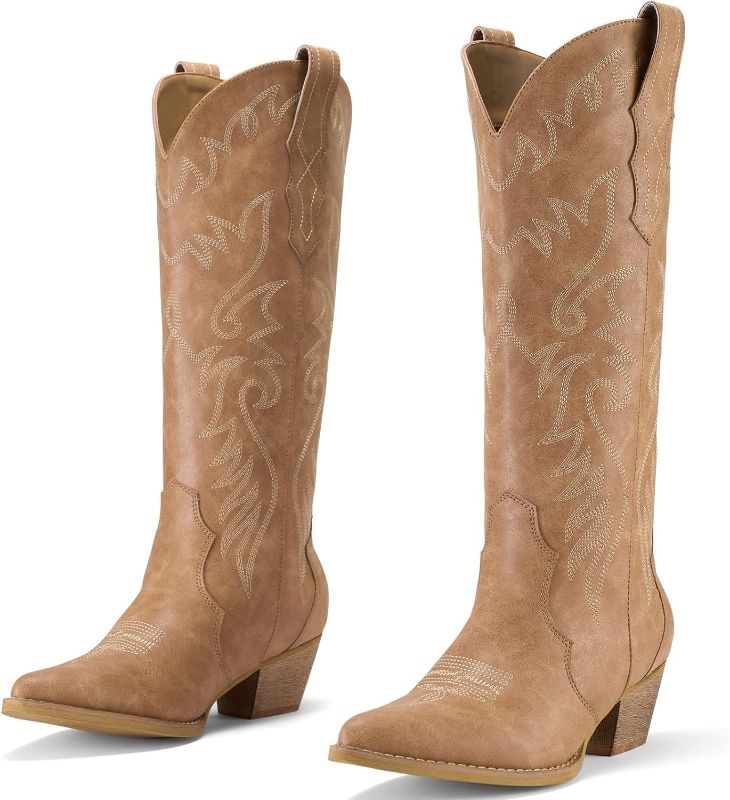 Photo 1 of Size 7 - Rollda Cowboy Boots for Women Embroidered Cowgirl Boots Knee-High Western Boots with Chunky Heel
