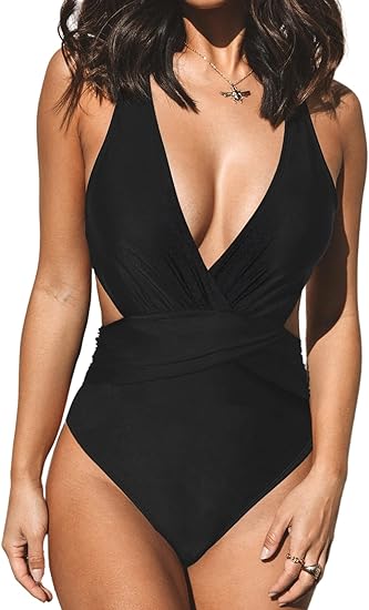 Photo 1 of (M) CUPSHE Women One Piece Swimsuit Deep V Neck Wide Straps Cutout Back Hook Ruched Bathing Suits- medium
