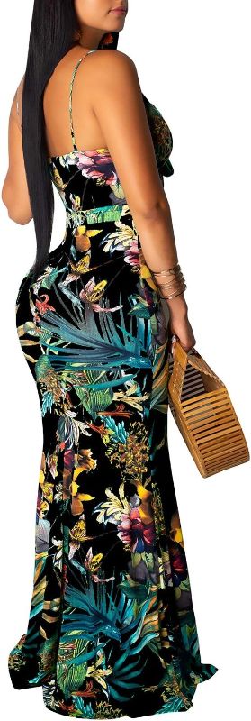Photo 2 of (XL) Women's Summer Floral Spaghetti Strap Long Maxi Dresses Low-Cut Bohemian Beach Sundress- XL
