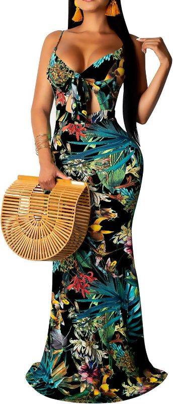 Photo 1 of (XL) Women's Summer Floral Spaghetti Strap Long Maxi Dresses Low-Cut Bohemian Beach Sundress- XL
