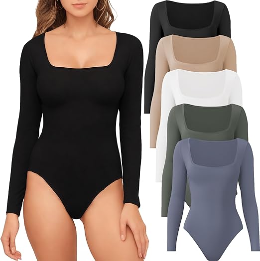 Photo 1 of (S) TYCTOS 4/5 Pack Square Neck Long Sleeve Bodysuit Stretchy Bodysuits for Women Daily Casual Womens Long Sleeve Bodysuit Tops- size small