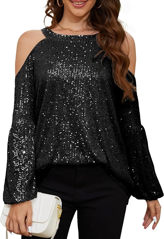 Photo 1 of (XL) Sequin Tops for Women Sequin Halter Tops Balloon Long Sleeve Sparkly Glitter Shirts Sequin Blouse for Party Disco- XL
