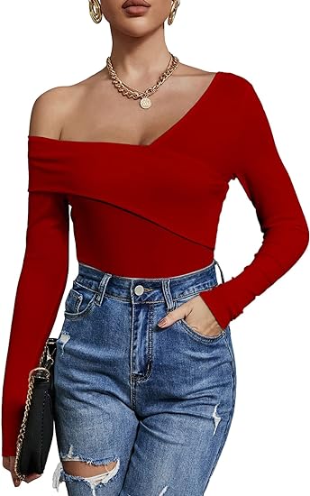 Photo 1 of (S) Women's Sexy Off The Shoulder Tops Long Sleeve Cross Wrap Ribbed Knit Tee Shirt Blouse- small
