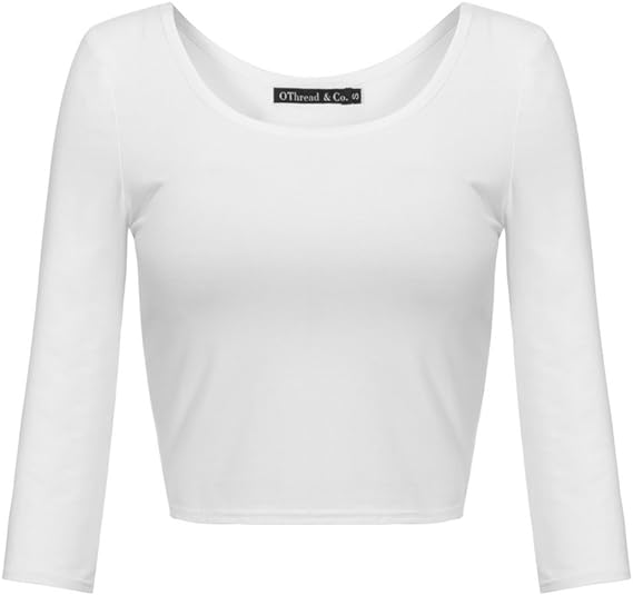 Photo 1 of (M) OThread & Co. Women's Crop Tops Basic Stretchy Scoop Neck 3/4 Sleeve T-Shirt
