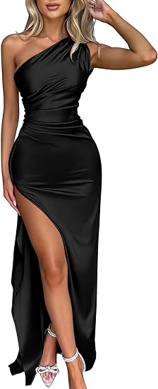 Photo 1 of (M) Memoriesea Women's Sexy One Shoulder Satin High Split Cocktail Wedding Party Maxi Dress- medium
