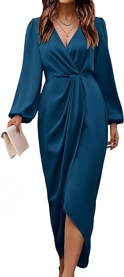 Photo 1 of (M) WICIWI Women's Puff Long Sleeve V Neck Ruched Slit Satin Dress Formal Wedding Silk Maxi Wrap Bodycon Fall Dresses 2024- medium