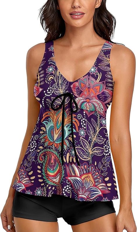 Photo 1 of (L) Omichic Modest Tankini Swimsuits for Women Two Piece Bathing Suits Floral Print Tank Top with Bottoms- large
