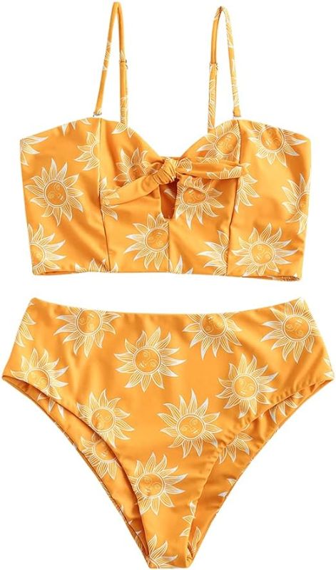 Photo 1 of (M) ZAFUL Women Keyhole High Waisted Bikini Set Knot Front Swimsuit Spaghetti Straps Two Pieces Tankini Bathing Suit- medium
