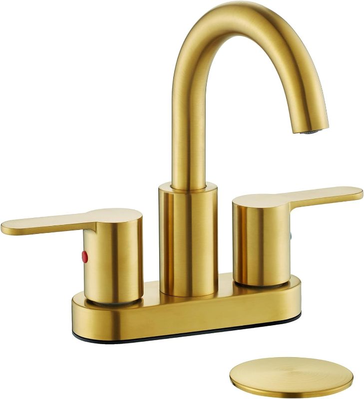 Photo 1 of TimeArrow Brushed Gold 2 Handle Centerset Bathroom Sink Faucet with Drain Assembly, High Arc Modern 4 Inch Bathroom Vanity Lavatory Faucet 3 Holes with Brass 360° Swivel Spout, TAF067E-PB
