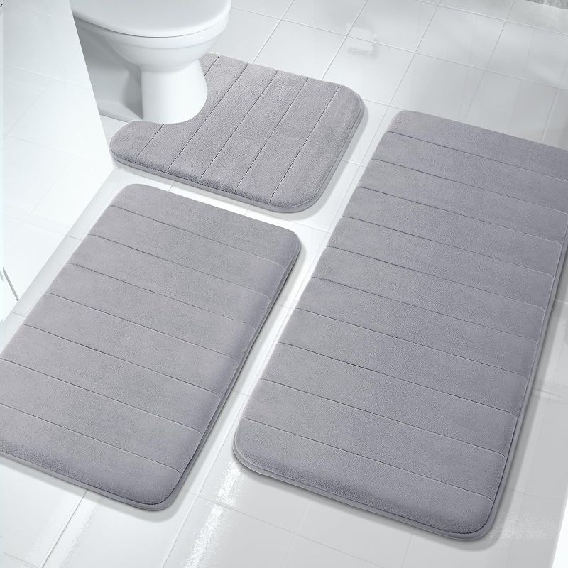 Photo 1 of Yimobra Memory Foam Bath Mat Set, Bathroom Rugs for 3 Pieces, Toilet Mats, Soft Comfortable, Water Absorption, Non-Slip, Thick, Machine Washable, Easier to Dry for Floor Mats, Gray
