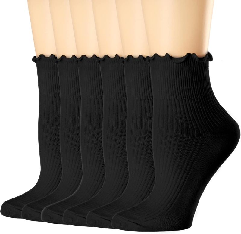 Photo 1 of (Size 5-9)  Mcool Mary Womens Socks, Ruffle Turn-Cuff Casual Ankle Socks Breathable Cool Knit Cotton Lettuce Crew Frilly Sock 6 Pack
