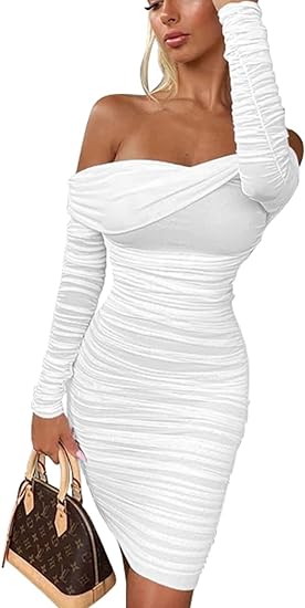 Photo 1 of (S) GOKATOSAU Women's Sexy Elegant Ruffle Long Sleeve Off Shoulder Ruched Party Mini Dress- small