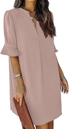 Photo 1 of (M) Wkior Shift Dress for Women V Neck Short Sleeves Solid Color Casual Flowy Summer Dresses- medium
