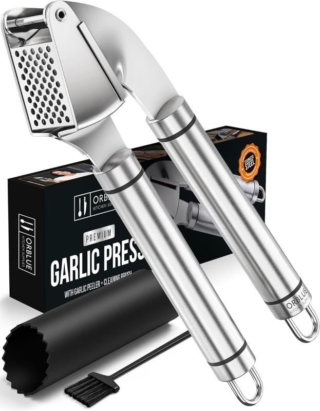 Photo 1 of ORBLUE Garlic Press Stainless Steel - Premium Professional Grade Garlic Mincer, Crusher & Peeler Set - Easy Clean, Dishwasher Safe & Rust-proof
