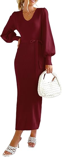 Photo 1 of Womens 2024 Fall Knit Pullover Lantern Sleeve V Neck Maxi Dress- medium
