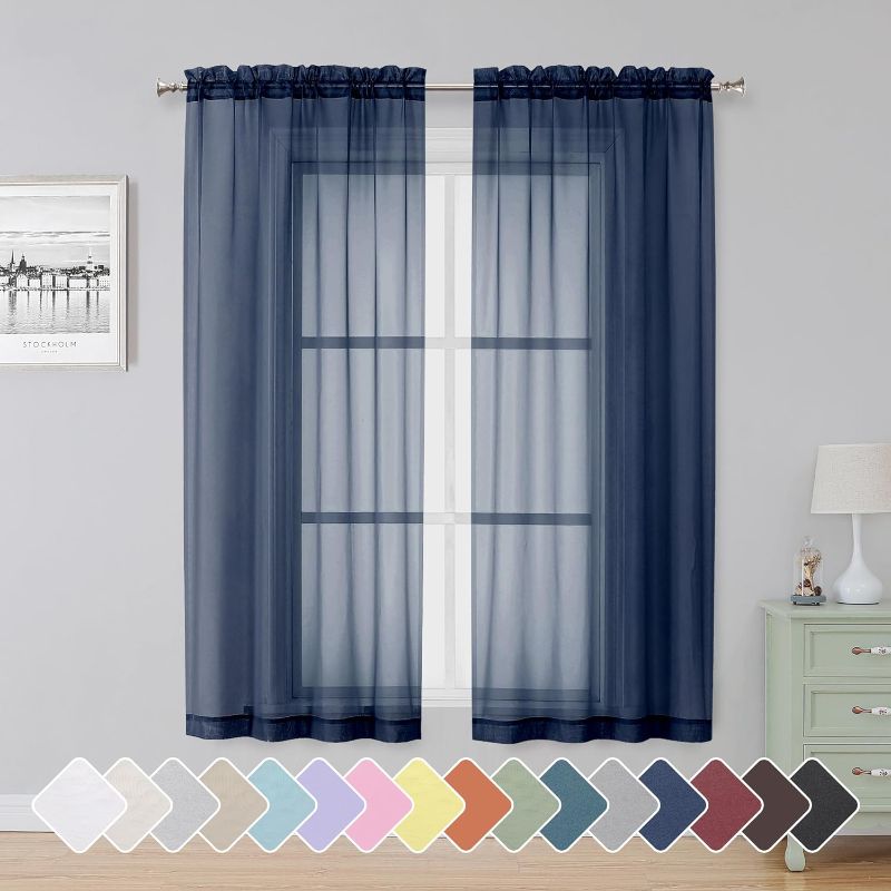 Photo 1 of Simplebrand Blue Sheer Curtains 63 Inch Length 2 Panels, Rod Pocket Solid Color Window Sheer Curtain Panels, Elegant Curtains & Drapes for Living Room, Bedroom 2 Panels (Navy Blue, 42" W x 63" L)
