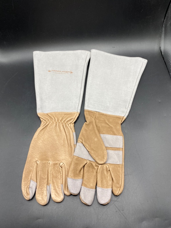 Photo 2 of HANDLANDY Long Gardening Gloves for Men & Women, Thorn Proof Rose Pruning Gloves Leather Gauntlets Garden Gloves Yard Work Gloves (Medium, Brown)
