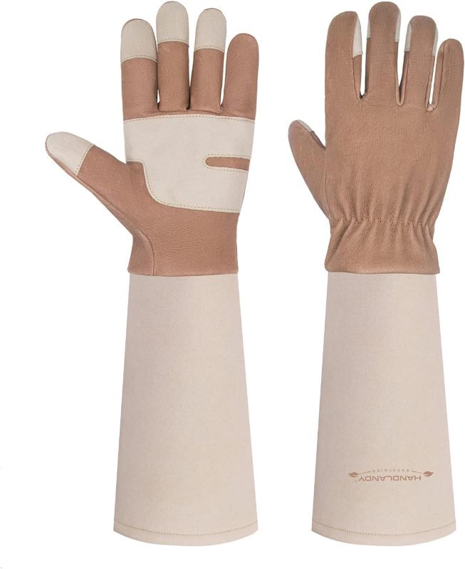 Photo 1 of HANDLANDY Long Gardening Gloves for Men & Women, Thorn Proof Rose Pruning Gloves Leather Gauntlets Garden Gloves Yard Work Gloves (Medium, Brown)
