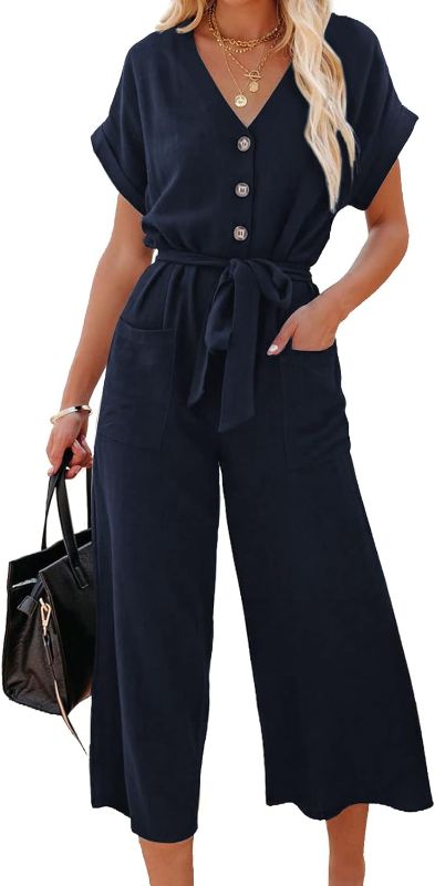 Photo 1 of Acelitt Womens Short Sleeve V Neck Button Belted Wide Leg Jumpsuits with Pockets, large
