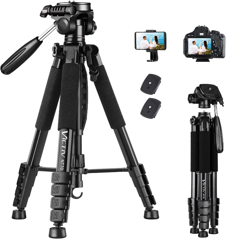 Photo 1 of VICTIV 74” Camera Tripod, Tripod for Camera and Phone, Aluminum Heavy Duty Tripod Stand for Canon Nikon with Carry Bag and Phone Holder, Compatible with DSLR, iPhone, Spotting Scopes, Max Load 15 Lb
