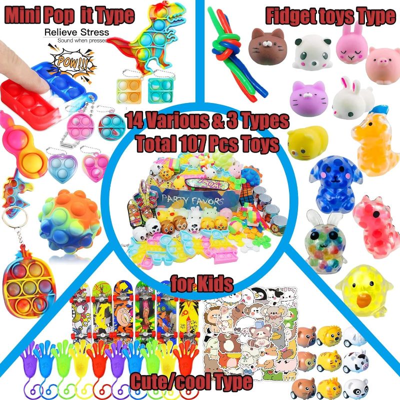 Photo 2 of Leeche Premium Pop Party Favors Toys for kids,107PCS Prize Box Toys for All Ages kids,Birthday Party, School Classroom Rewards, Carnival Prizes, Pinata Fillers, Treasure Chest, Goody Bag Fillers
