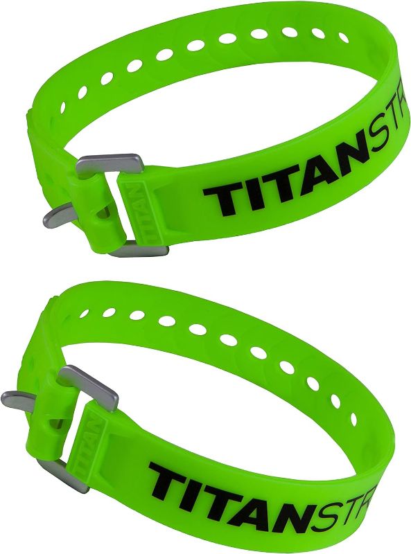 Photo 1 of Titan Utility Straps – Easy-to-Use, Reliable Tension Straps for Securing Bike & Moto Gear, Skis, Garden Hoses, Field Repairs – Use in Frigid Temp – 60 lb. Working Load, 9" Length, Lime Green, 2-Pack
