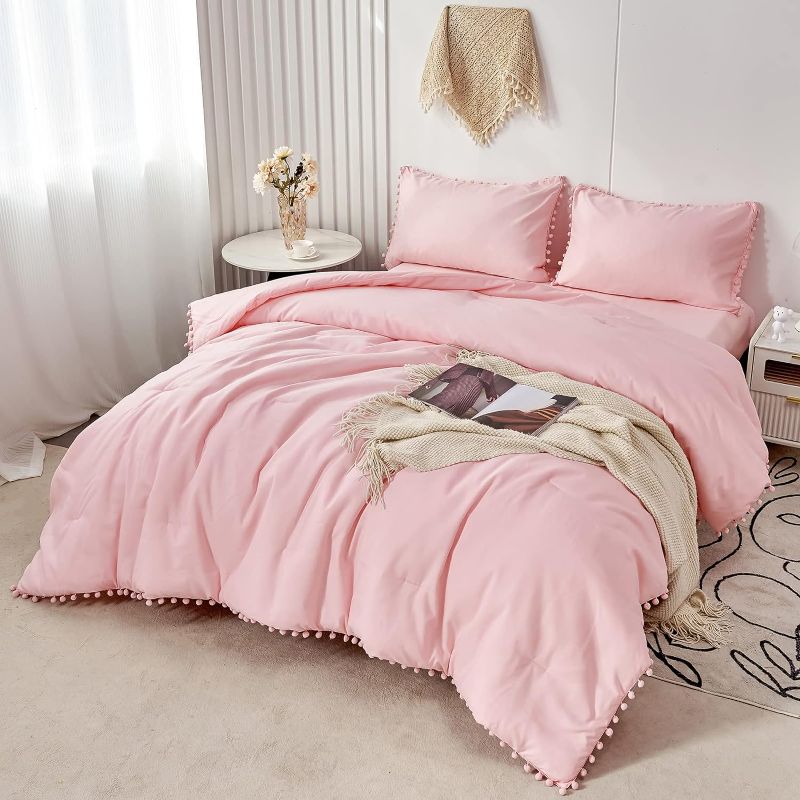 Photo 1 of PERFEMET Pink Pom DUVET COVER Set Queen Size(90x90inch), 5 Pcs Boho Aesthetic Farmhouse Bedding Set with Sheets Soft Microfiber Down Alternative Comforter Bed in a Bag for Girls Women(Pink, Queen)
