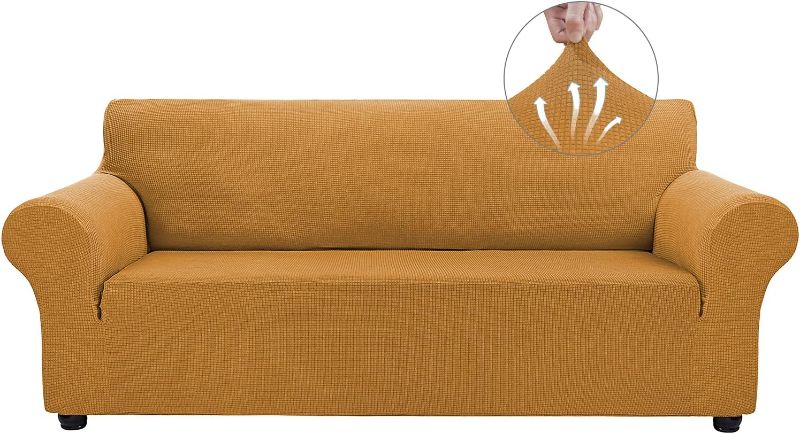 Photo 1 of Asnomy Couch Covers for 3 Cushion Couch Stretch Sofa Covers Slipcovers, Pet Protector Furniture Covers for Dogs Cats Spandex Jacquard Fabric Small Checks ?Large? Golden?
