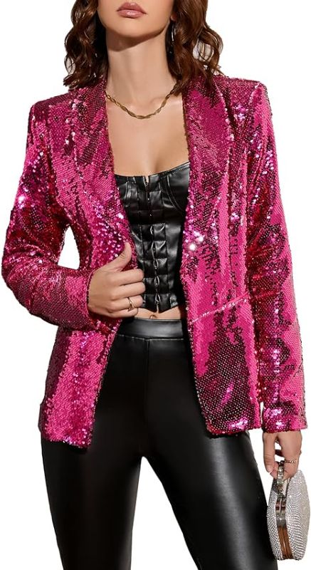 Photo 1 of (XL) IWFEV Women's Sequins Blazer Long Sleeve Sparkle Open Front Jacket Shawl Collar Cardigan- XL
