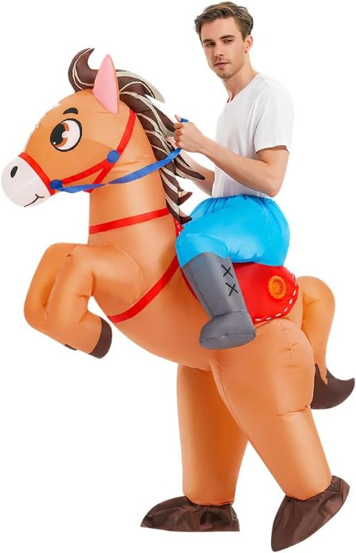 Photo 1 of KOOY Inflatable Horse Costume Halloween Costume for Adult Men Women Plus Size,Riding Ride Cowboy Costume Funny Halloween Costume Adult Men Blow up Halloween Costumes for Men Women Halloween Party
