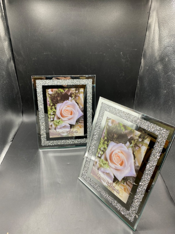 Photo 2 of ALLARTONLY Crush Diamond Mirror Photo Frame In Bling Sparkle Crystal Silver Glass Finish, For Picture Size 5x7 inch, Pack of 2 Piece, table top Stand frame & Wall Frame
