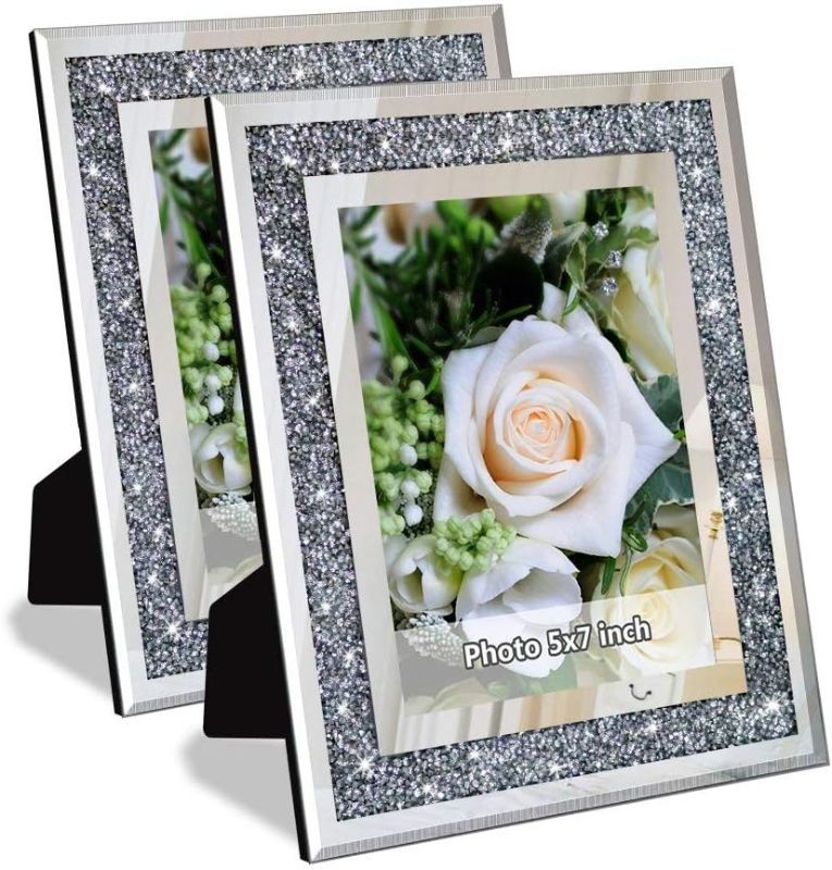 Photo 1 of ALLARTONLY Crush Diamond Mirror Photo Frame In Bling Sparkle Crystal Silver Glass Finish, For Picture Size 5x7 inch, Pack of 2 Piece, table top Stand frame & Wall Frame
