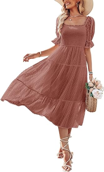 Photo 1 of (L) MEROKEETY Women's 2024 Summer Square Neck Puff Sleeve Boho Midi Dress Swiss Dot Ruffle Flowy Tie Back Dress
