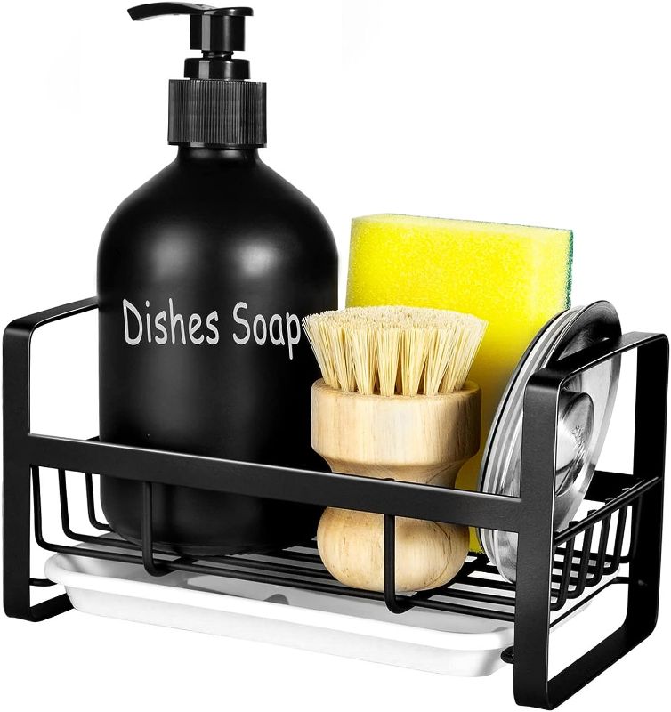 Photo 1 of Sponge Holder for Kitchen Sink- Stainless Steel Kitchen Sink Caddy for Organizing Sponge, Brush & Soap Dish Dispenser, Kitchen Sink Organizer Rack with adhesive or Counter top, Black
