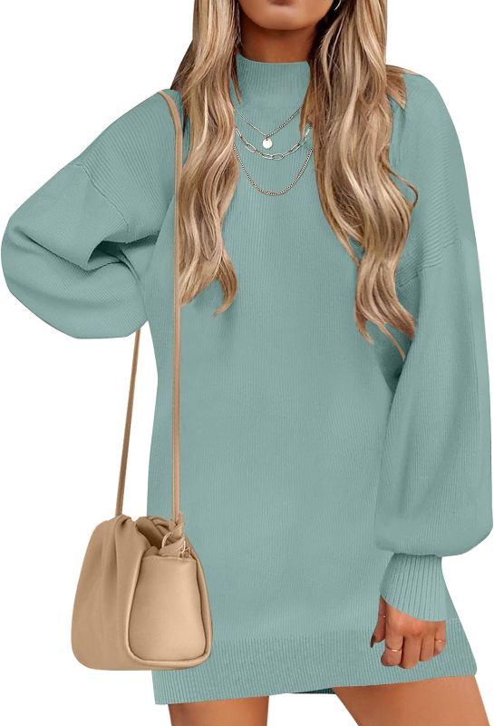 Photo 1 of (L) ZESICA Women's 2024 Fall Turtleneck Sweaters Dress Oversized Long Lantern Sleeve Casual Knit Pullover Short Dresses- large