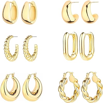 Photo 1 of 6 Pairs 14K Gold Hoop Earrings for Women Lightweight Chunky Hoop Earrings Multipack Hypoallergenic, Thick Open Twisted Huggie Hoops Earring Set Jewelry for Gifts.
