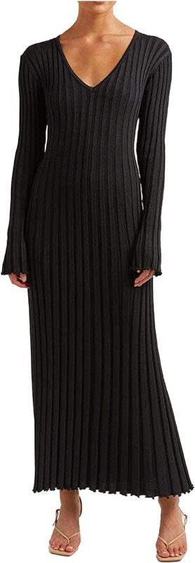 Photo 1 of (S) ECDAHICC Women's Sexy Ribbed Knit Sweater Dress Casual Long Sleeve V Neck Bodycon Pleated A Line Long Dress Streetwear- small