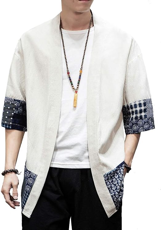 Photo 1 of (2XL) Men's Kimono Jackets Cardigan Lightweight Casual Cotton Blends Linen Seven Sleeves Open Front Coat Outwear- 2XL