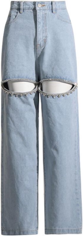 Photo 1 of Size 8 - Cut Out Jeans for Women Straight Leg High Waisted Ripped Rhinestone Pearl Beaded Denim Pants- size 8