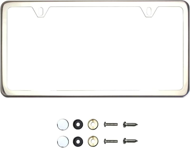 Photo 1 of Two Hole Slim Version Chrome Polish Mirror License Plate Frame T304 Stainless Steel + Metal Screw Caps
