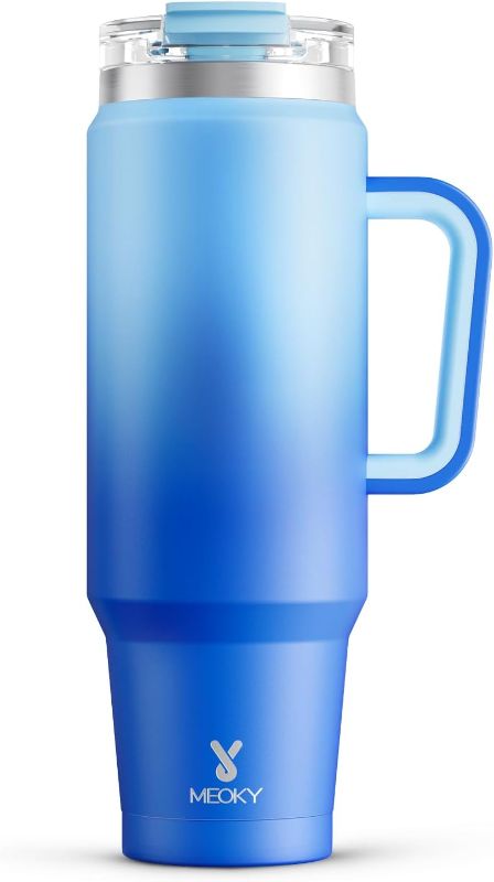 Photo 1 of Meoky 40 oz Tumbler with Handle and Straw, Insulated Tumbler with Lid and Straw, Stainless Steel Travel Mug, Keeps Cold for 34 Hours, 100% Leak Proof, Fits in Car Cup Holder (Sky)
