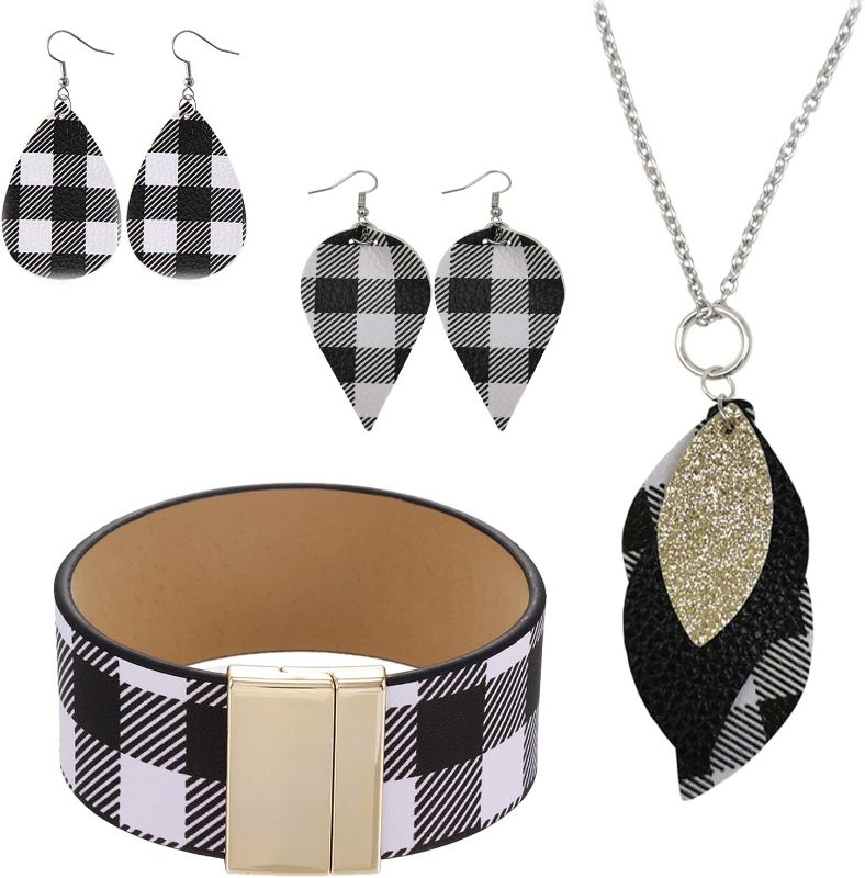 Photo 1 of 4 Pieces Faux Leather Earrings Necklace Bracelet Set 4 Pieces Christmas Plaid Stripe Jewelry Set Multi-Layer Leather Bracelet, Dangle Leather Earrings Necklace Glitter Jewelry Set for Women Girls
